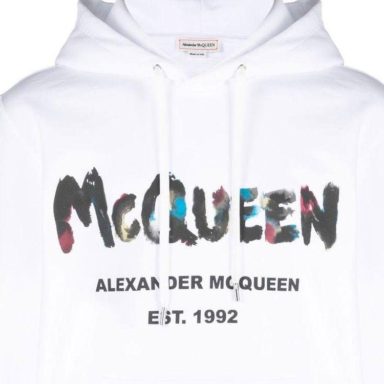 Details for Alexander McQueen FW22 Graffiti Logo Print White Pullover Hoodie for Men 727687-QUZ36-0900