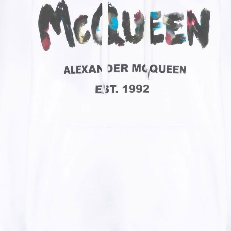 Sizing Alexander McQueen FW22 Graffiti Logo Print White Pullover Hoodie for Men 727687-QUZ36-0900