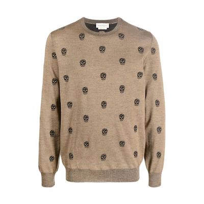Alexander McQueen FW22 Jacquard Skull Wool Sweater Brown . 603247-Q1ALQ-2074