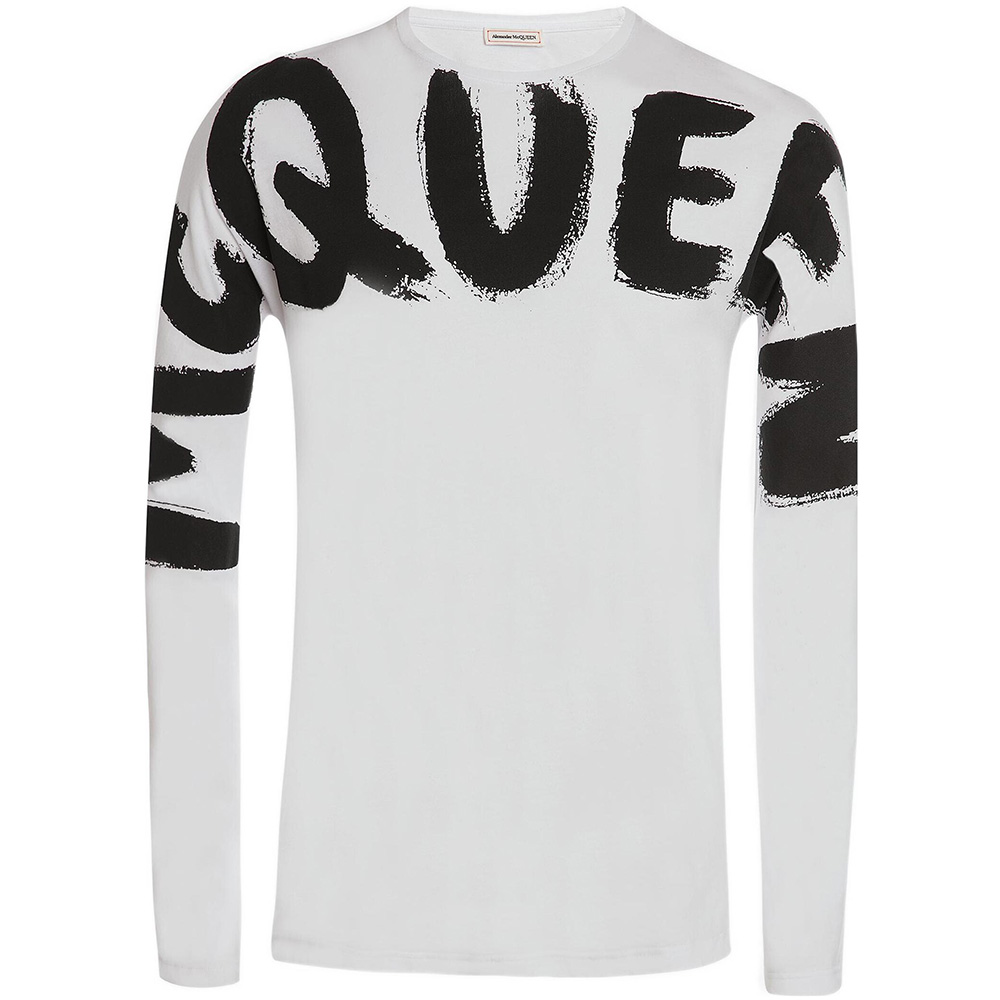 Alexander McQueen FW22 Letter Logo Print Crewneck Long Sleeve Tee  White. 664426-QTZ89-0900
