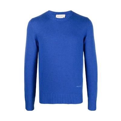 Alexander McQueen FW22 Logo Embroidered Crewneck Sweater Men Blue. 712800Q1XFI-BLU