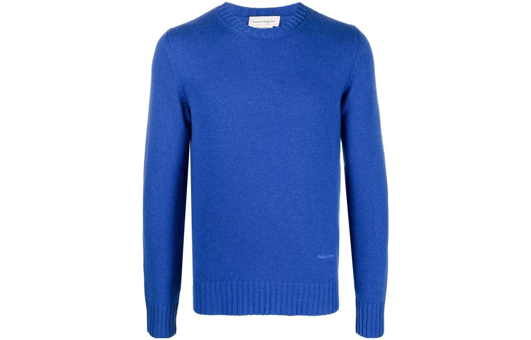 Order 알렉산더 맥퀸 FW22 로고 자수 크루넥 스웨터 남성 블루. 712800Q1XFI-BLU