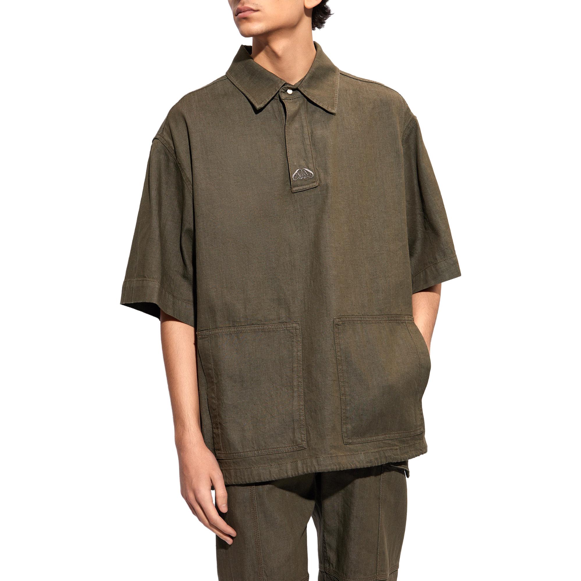 Shop Alexander McQueen FW23 Solid Logo Short Sleeve Shirt Brown 765524-QYAAN-3360