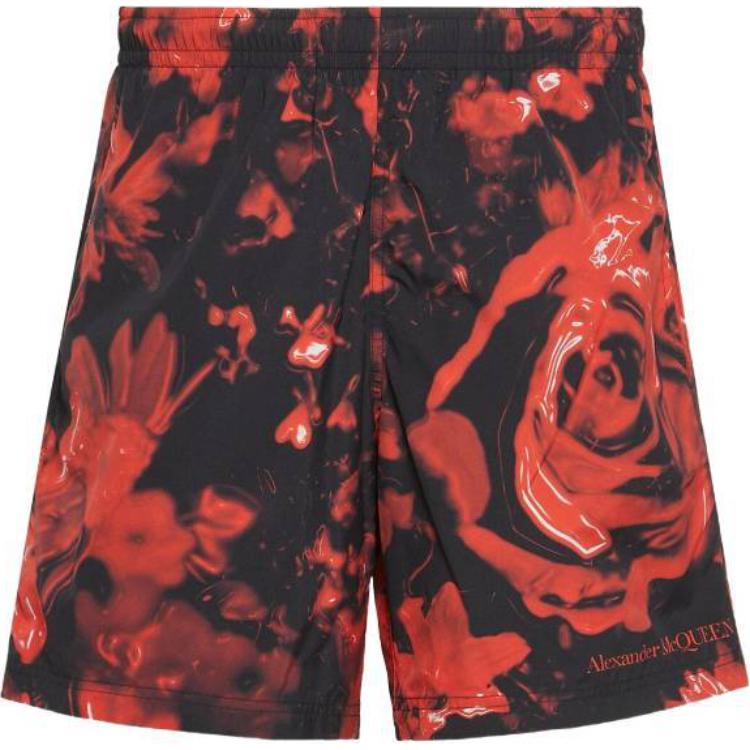 Order Alexander McQueen FW24 Short de Natación Negro Rojo Floral con Cintura Elástica 794619-4419Q-1074