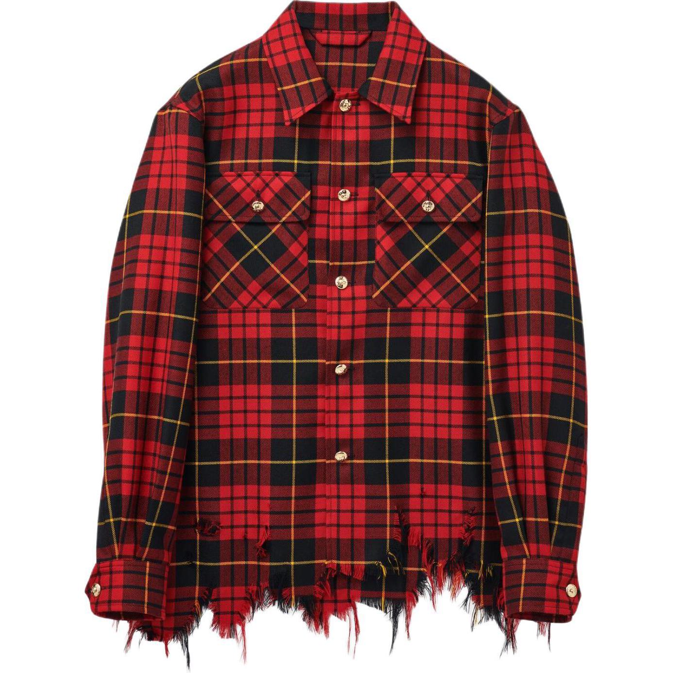 Alexander McQueen FW24 Distressed Plaid Skull Button Shirt Red Menswear. 805529-QUABW-6120