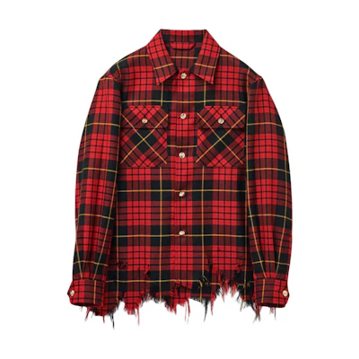 Alexander McQueen FW24 Distressed Plaid Skull Button Shirt Red Menswear. 805529-QUABW-6120