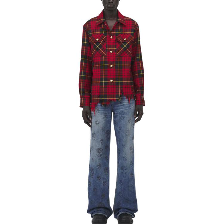 Lookbook Alexander McQueen FW24 Distressed Plaid Skull Button Shirt Red Menswear. 805529-QUABW-6120