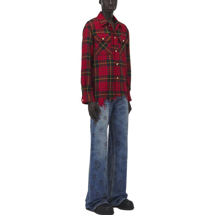 Shop Alexander McQueen FW24 Distressed Plaid Skull Button Shirt Red Menswear. 805529-QUABW-6120