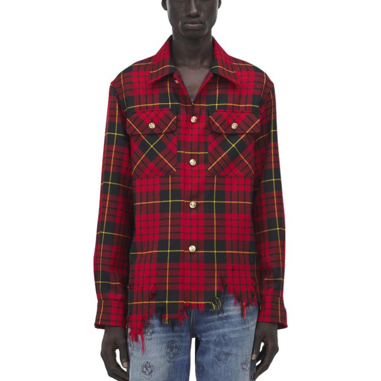 Purchase Alexander McQueen FW24 Distressed Plaid Skull Button Shirt Red Menswear. 805529-QUABW-6120