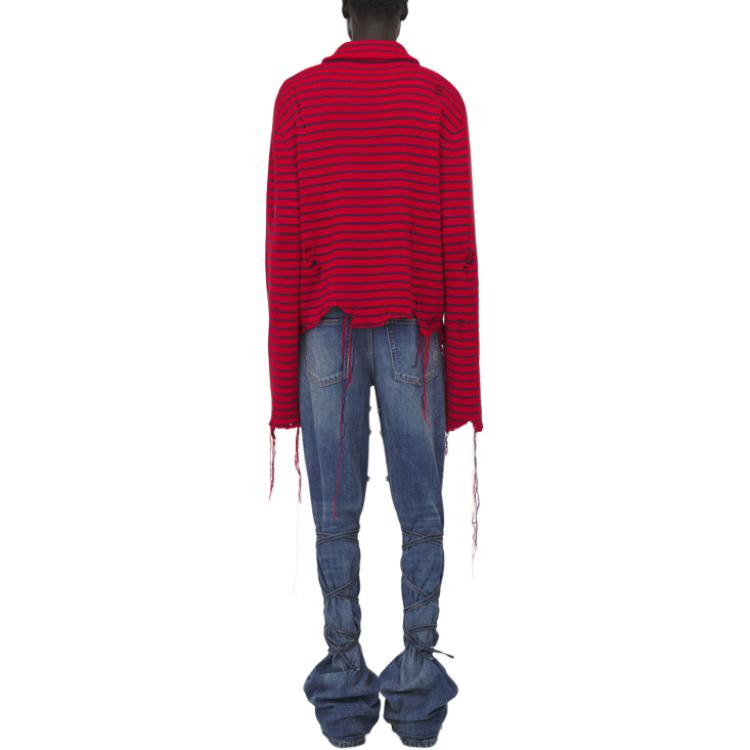 Shop Alexander McQueen FW24 Striped Distressed Turtleneck Sweater Red Menswear 807259-Q1BA3-6123