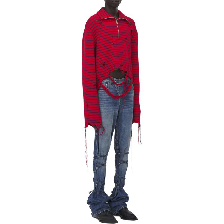 Purchase Alexander McQueen FW24 Striped Distressed Turtleneck Sweater Red Menswear 807259-Q1BA3-6123