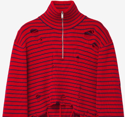 Alexander McQueen FW24 Striped Distressed Turtleneck Sweater Red Menswear 807259-Q1BA3-6123 Details for Alexander McQueen FW24 Striped Distressed Turtleneck Sweater Red Menswear 807259-Q1BA3-6123