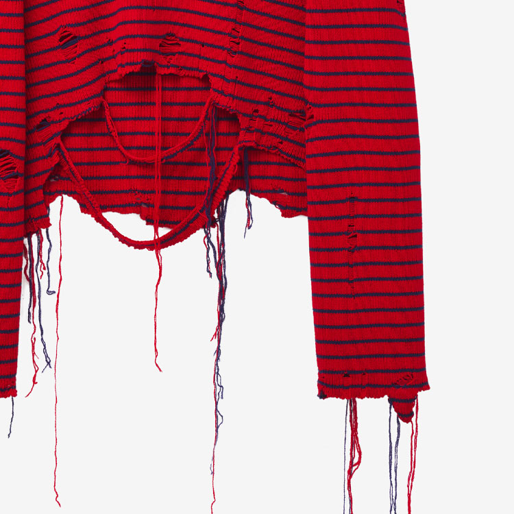 Sizing Alexander McQueen FW24 Striped Distressed Turtleneck Sweater Red Menswear 807259-Q1BA3-6123