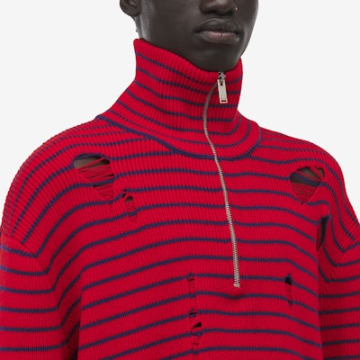 Alexander McQueen FW24 Striped Distressed Turtleneck Sweater Red Menswear 807259-Q1BA3-6123 Cheap Alexander McQueen FW24 Striped Distressed Turtleneck Sweater Red Menswear 807259-Q1BA3-6123