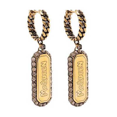 Alexander McQueen Gold Brass Earrings with Signature Graffiti and Rhinestone Pendant. 688445J160T2832