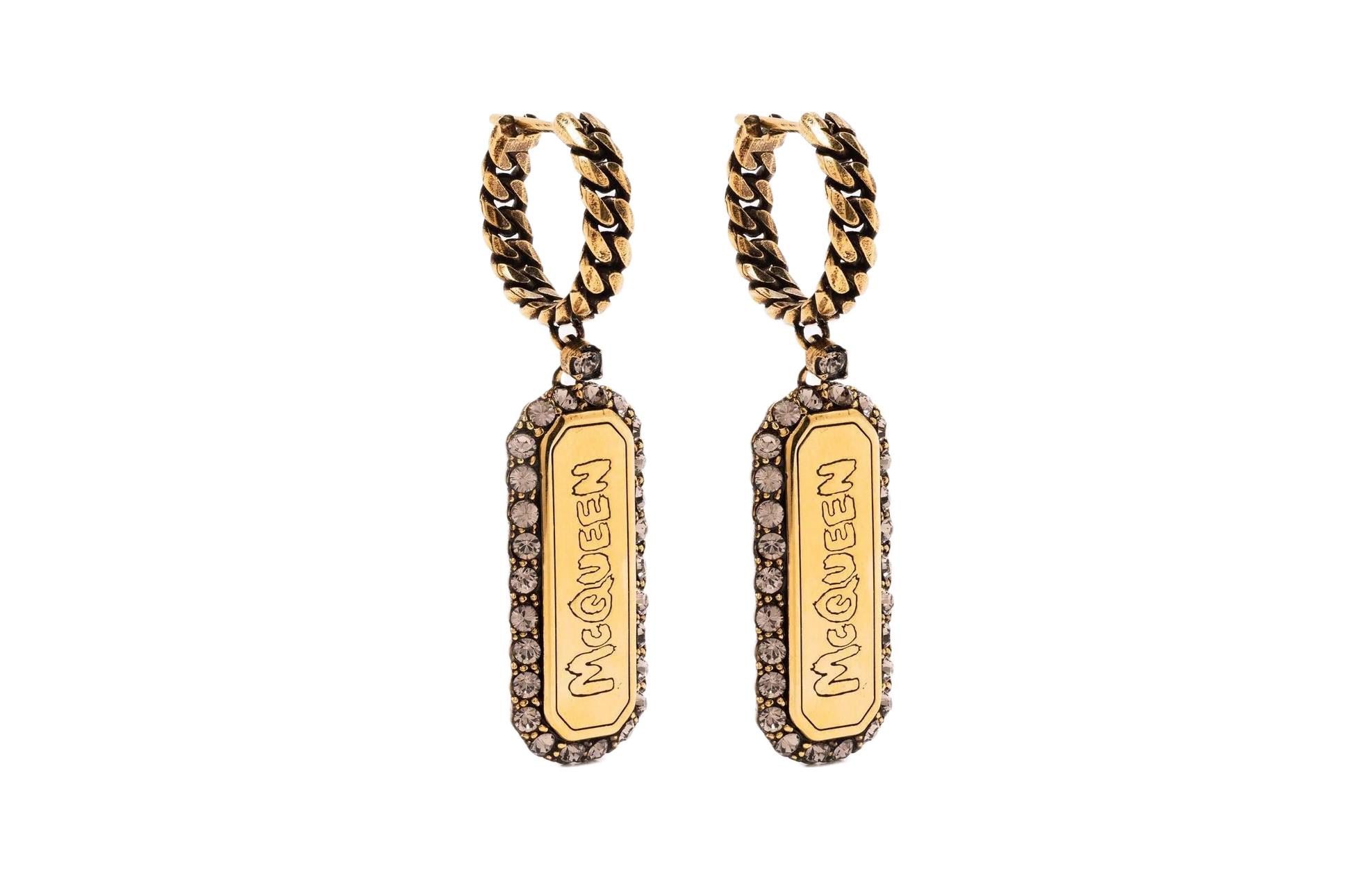 Order Alexander McQueen Gold Brass Earrings with Signature Graffiti and Rhinestone Pendant. 688445J160T2832