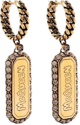 Alexander McQueen Gold Brass Earrings with Signature Graffiti and Rhinestone Pendant. 688445J160T2832 Order Alexander McQueen Gold Brass Earrings with Signature Graffiti and Rhinestone Pendant. 688445J160T2832
