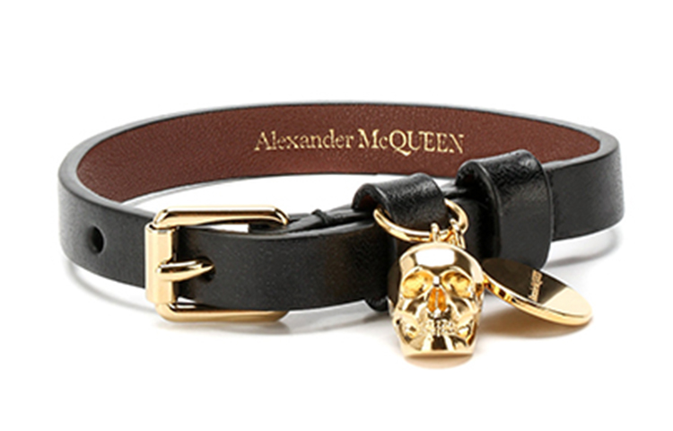 Alexander McQueen Gold Skull Black Leather Bracelet Unisex 554467-CQE0T-1000