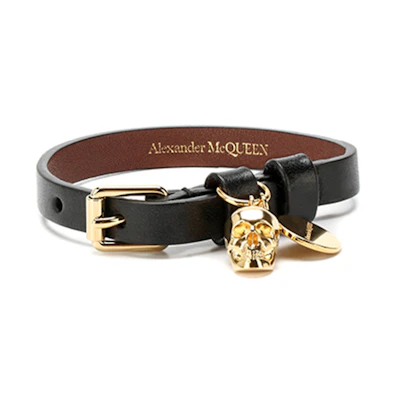Alexander McQueen Gold Skull Black Leather Bracelet Unisex 554467-CQE0T-1000