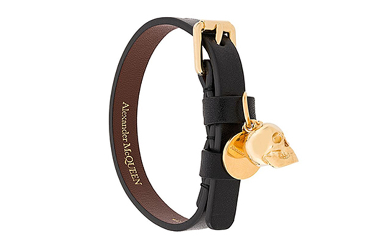 Alexander McQueen Gold Skull Black Leather Bracelet Unisex 554467-CQE0T-1000 圖 4