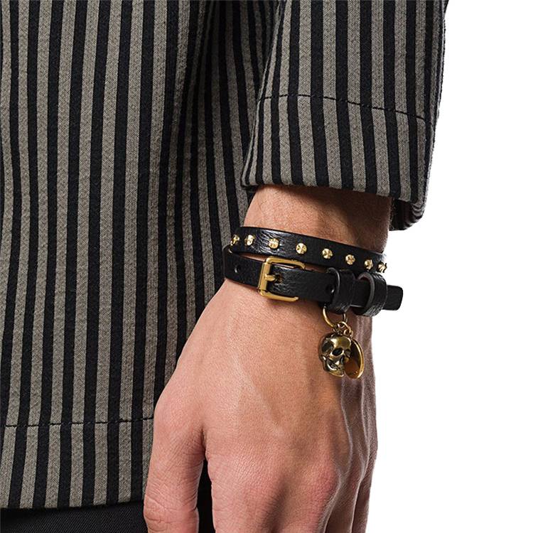 Alexander McQueen Gold Skull Studded Double Leather Bracelet 5544661AC9T-1000 圖 5