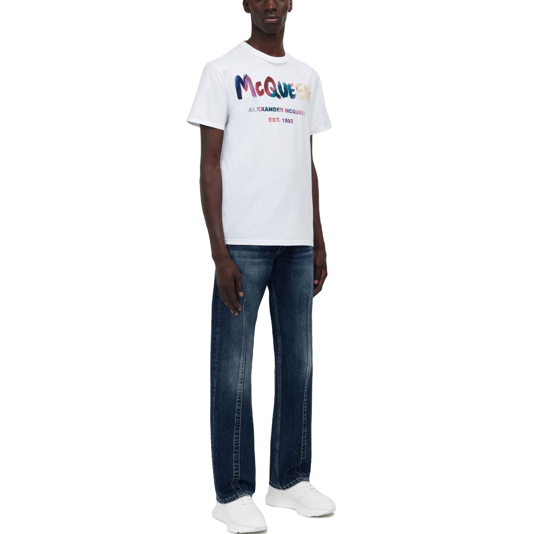Purchase 알렉산더 맥퀸 그라데이션 로고 프린트 크루넥 티셔츠 화이트 750667-QVZ14-0900