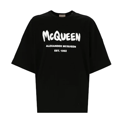 Alexander McQueen Graffiti Logo Crewneck Short Sleeve T-Shirt Black Clothing 704969-QTZ04-0901