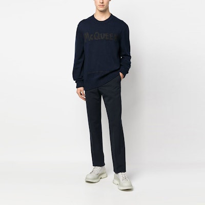 Alexander McQueen Graffiti Logo Crewneck Sweater Navy Blue Mens. 626454-Q1WZL-4581 Lookbook Alexander McQueen Graffiti Logo Crewneck Sweater Navy Blue Mens. 626454-Q1WZL-4581