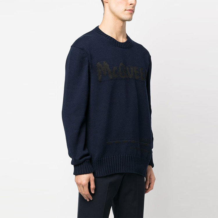 Purchase Alexander McQueen Graffiti Logo Crewneck Sweater Navy Blue Mens. 626454-Q1WZL-4581
