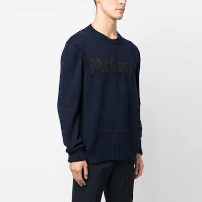 Alexander McQueen Graffiti Logo Crewneck Sweater Navy Blue Mens. 626454-Q1WZL-4581 Purchase Alexander McQueen Graffiti Logo Crewneck Sweater Navy Blue Mens. 626454-Q1WZL-4581