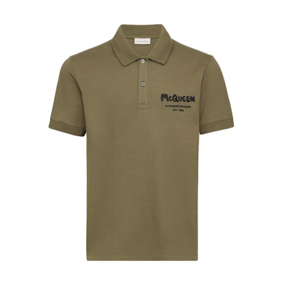 Alexander McQueen Graffiti Polo Short Sleeve Deep Khaki Shirt. 662551-QXAAK-3380