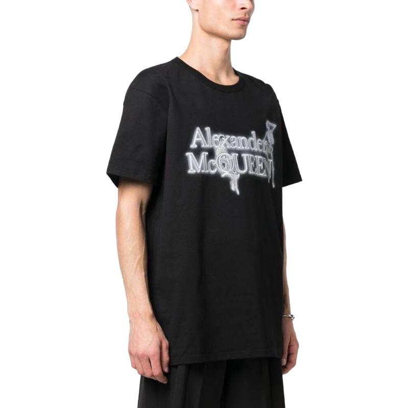 Details for Alexander McQueen Baju T Hitam Cetakan Huruf Lengan Pendek Crewneck 750656-QVZ07-0901