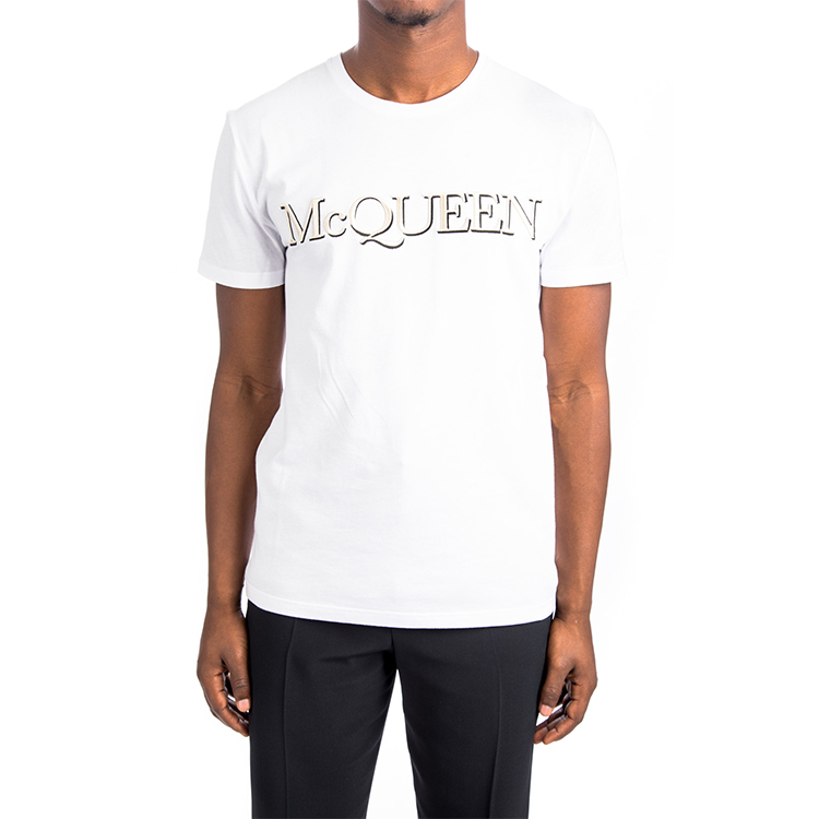 Shop Alexander McQueen Kaos Pria Putih Regular Fit Crew Neck Letter Print 649876-QQZ56-0900