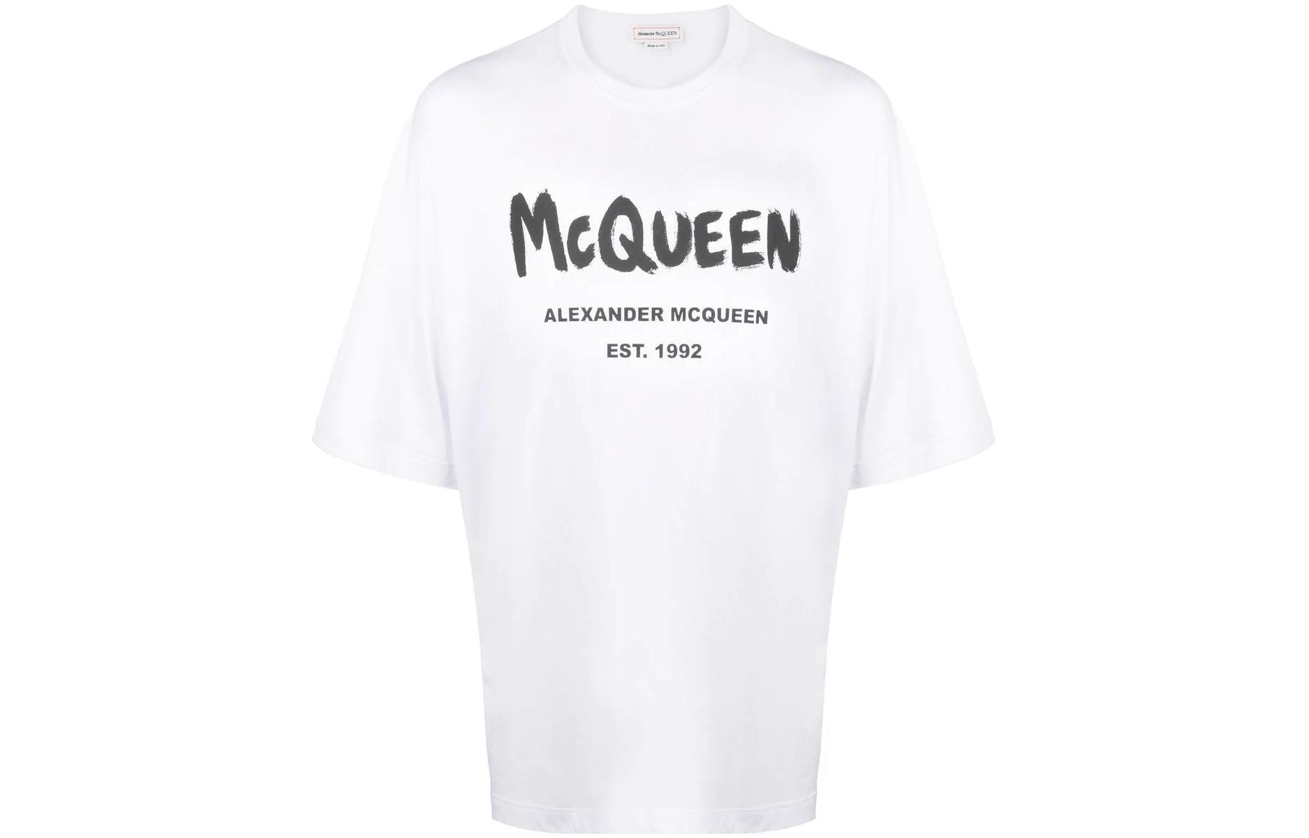 Order Alexander McQueen Logo Print Crewneck T-Shirt Putih FW22 Baju-T 704969-QTZ04-0900