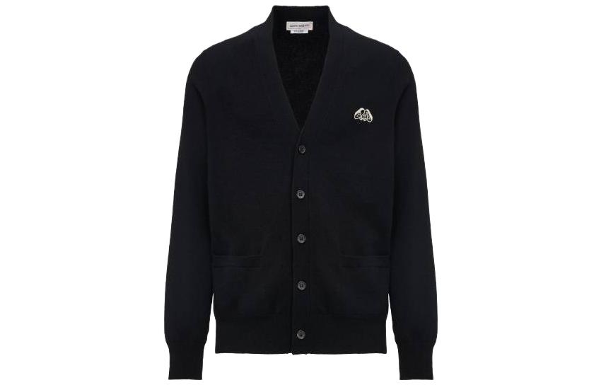 Order Alexander McQueen Seal Logo Hitam/Gading Kardigan Leher-V Baju Rajut Hitam. 775770-Q1A7S-1080