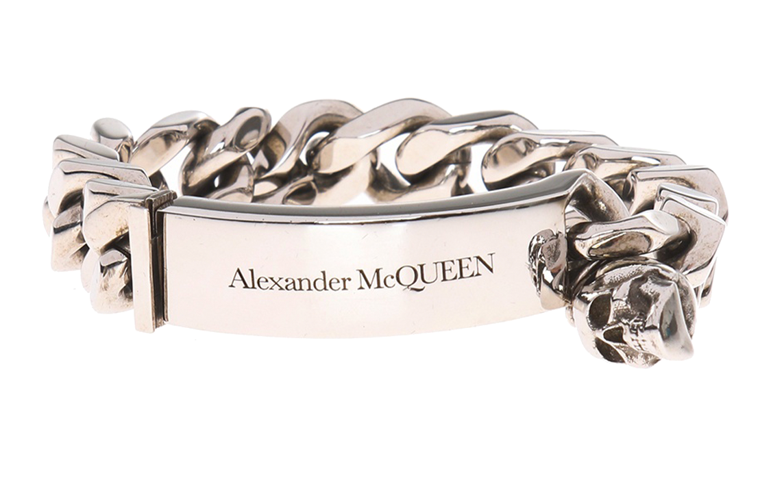 Alexander McQueen Silver Brass Skull Logo Embossed Bracelet for Men. 554452-J160Y-0446