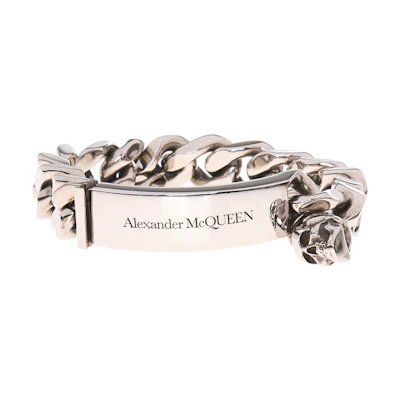 Alexander McQueen Silver Brass Skull Logo Embossed Bracelet for Men. 554452-J160Y-0446