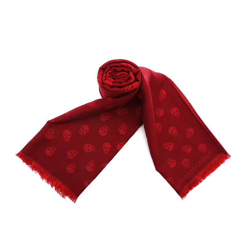 Alexander McQueen Skull Jacquard Wool Silk Scarf Unisex Deep Red Couple Style. 5577054617Q6274