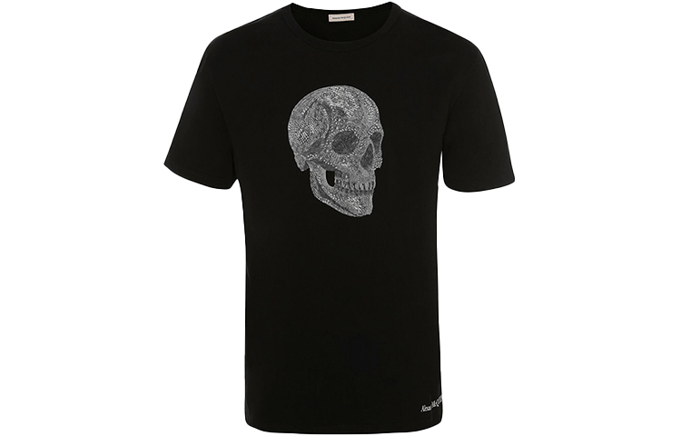 Order Alexander McQueen Kaos Pria Hitam Skull Print Crewneck Casual 682521-QSZ54-0901