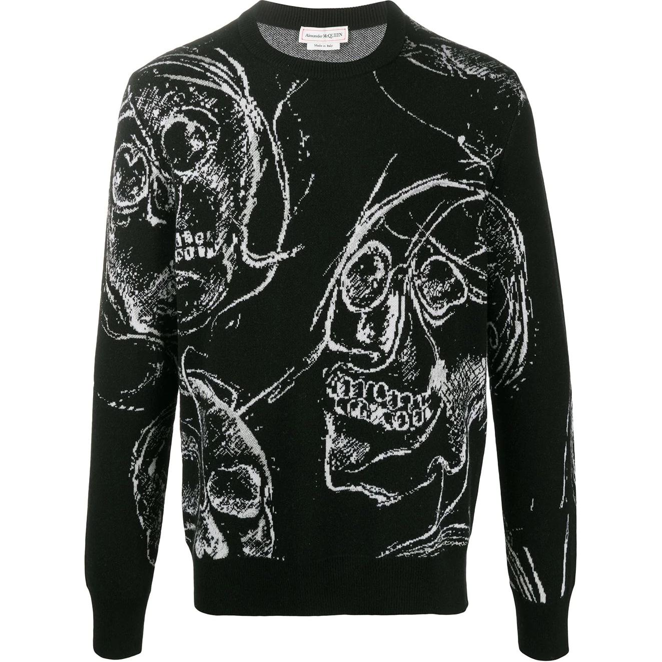 Alexander McQueen Skull Print Knit Cashmere Sweater Black 632865-Q1XAJ-1801