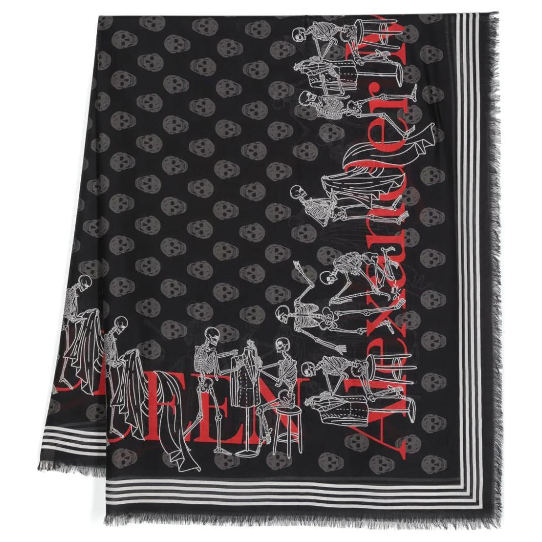 Alexander McQueen Skull Print Modal Fringe Scarf Black  Accessories 7931114418Q1078