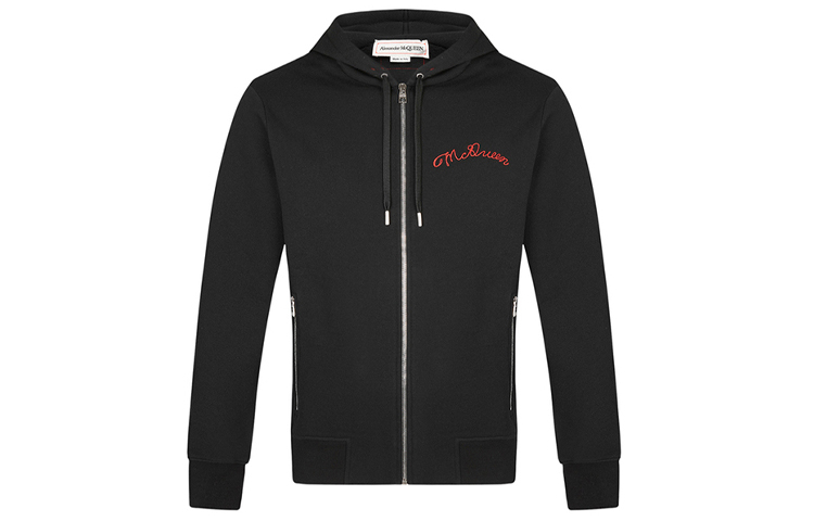 Alexander McQueen Solid Logo Embroidered Zip-Up Hoodie Black () 626906-QPX02-1000