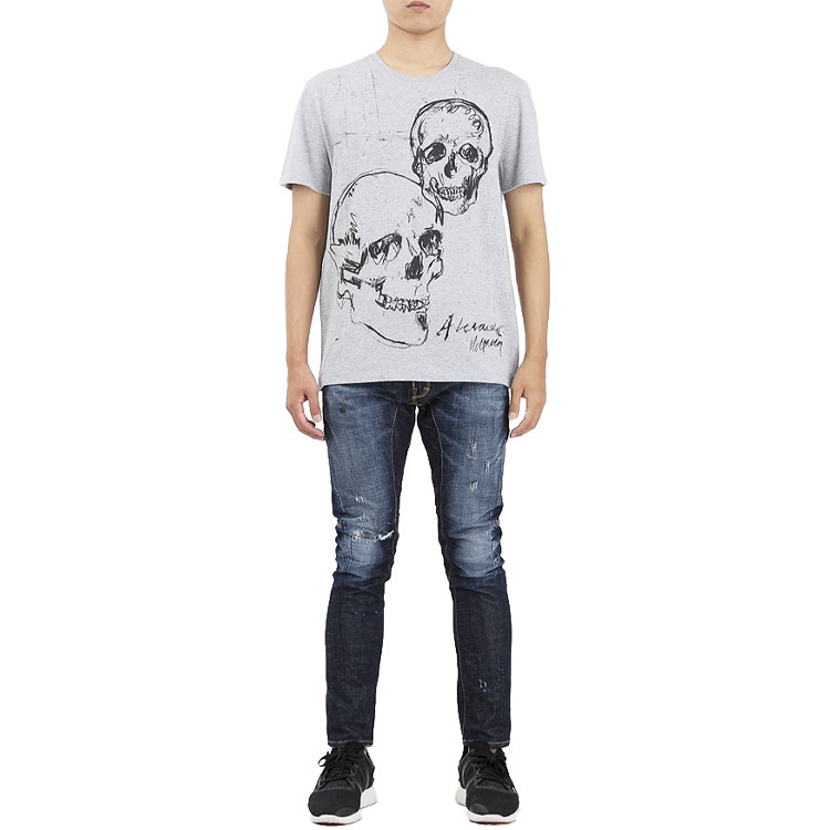 Shop Alexander McQueen SS20 Baju-T Lengan Pendek Kapas Kelabu Cetakan Tengkorak 557809-QMZ91-0902