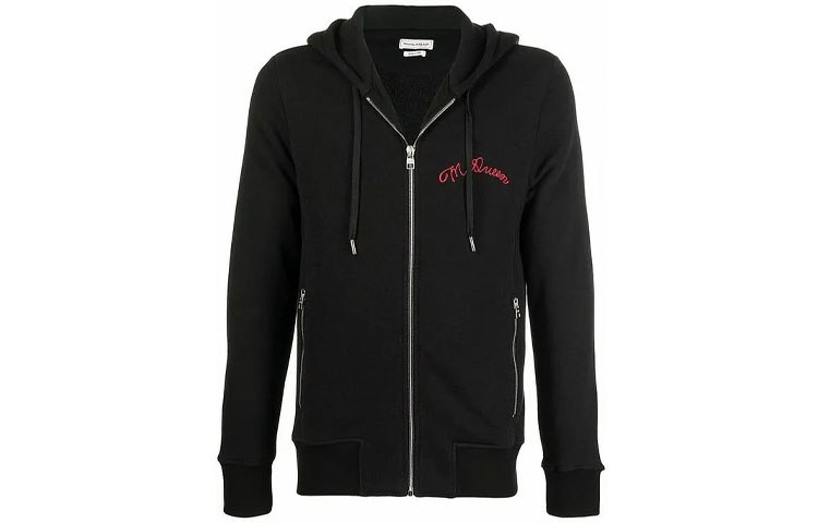 Order Alexander McQueen SS21 Jaket Hoodie Hitam dengan Logo Kecil dan Resleting. 599617-QQX82-1000