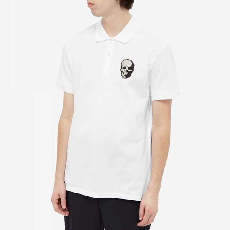 Shop Alexander McQueen SS21 Polo Kapas Sulaman Tengkorak Putih. 650418-QQX33-9000