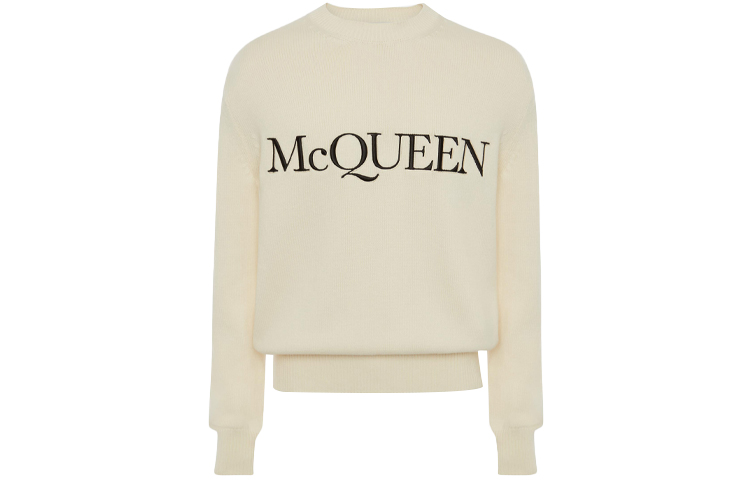Alexander McQueen SS21 Ivory Letter Embroidered Crewneck Sweater Men. 651184-Q1XAY-9241