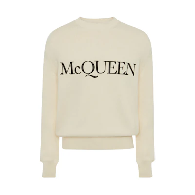 Alexander McQueen SS21 Ivory Letter Embroidered Crewneck Sweater Men. 651184-Q1XAY-9241