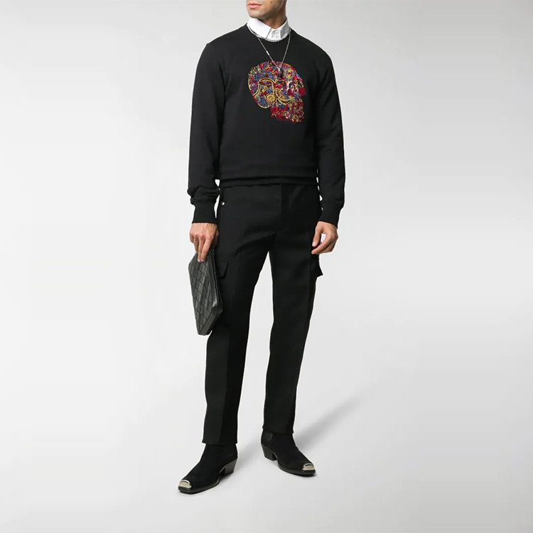 Purchase Alexander McQueen SS21 Skull Embroidered Pullover Sweatshirt Black 650434-QQZ69-0901