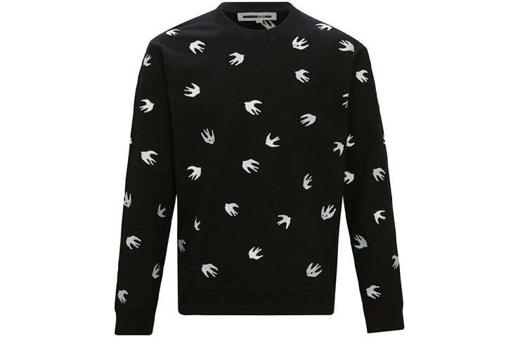 Alexander McQueen SS21 Swallow Print Cotton Crewneck Sweatshirt Black Mens 387535-ROR61-1006