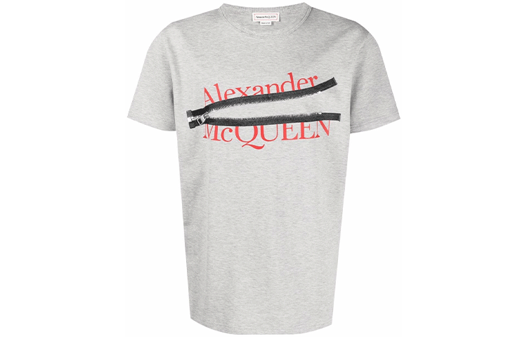 Alexander McQueen SS22  Grey Zip Letter Print Graphic T-Shirt. 688189-QSZ8A-0902